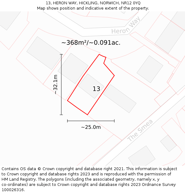 13, HERON WAY, HICKLING, NORWICH, NR12 0YQ: Plot and title map
