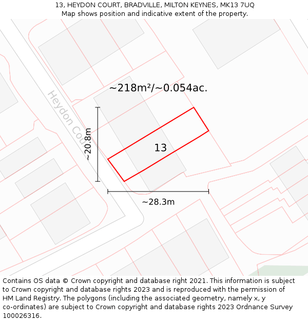 13, HEYDON COURT, BRADVILLE, MILTON KEYNES, MK13 7UQ: Plot and title map