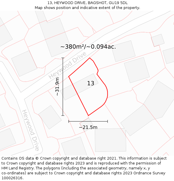 13, HEYWOOD DRIVE, BAGSHOT, GU19 5DL: Plot and title map