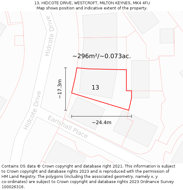 13, HIDCOTE DRIVE, WESTCROFT, MILTON KEYNES, MK4 4FU: Plot and title map