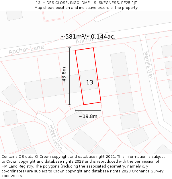 13, HIDES CLOSE, INGOLDMELLS, SKEGNESS, PE25 1JT: Plot and title map