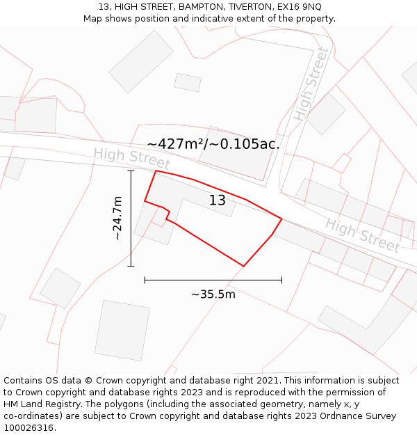 13, HIGH STREET, BAMPTON, TIVERTON, EX16 9NQ: Plot and title map