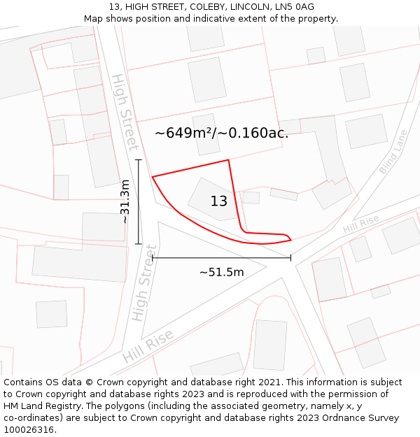 13, HIGH STREET, COLEBY, LINCOLN, LN5 0AG: Plot and title map