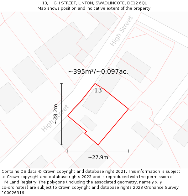 13, HIGH STREET, LINTON, SWADLINCOTE, DE12 6QL: Plot and title map