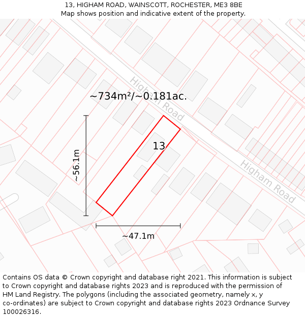 13, HIGHAM ROAD, WAINSCOTT, ROCHESTER, ME3 8BE: Plot and title map