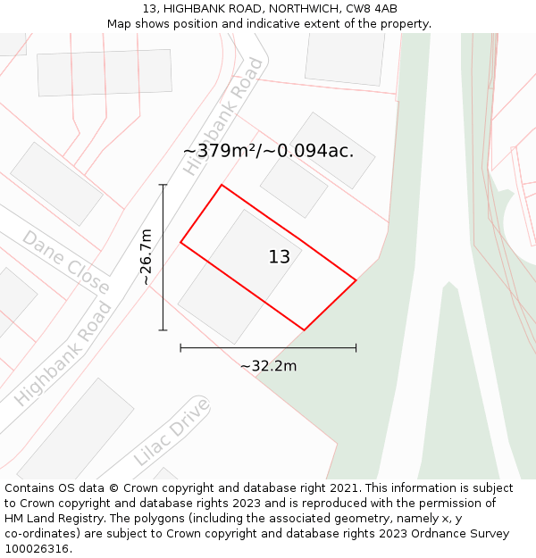 13, HIGHBANK ROAD, NORTHWICH, CW8 4AB: Plot and title map