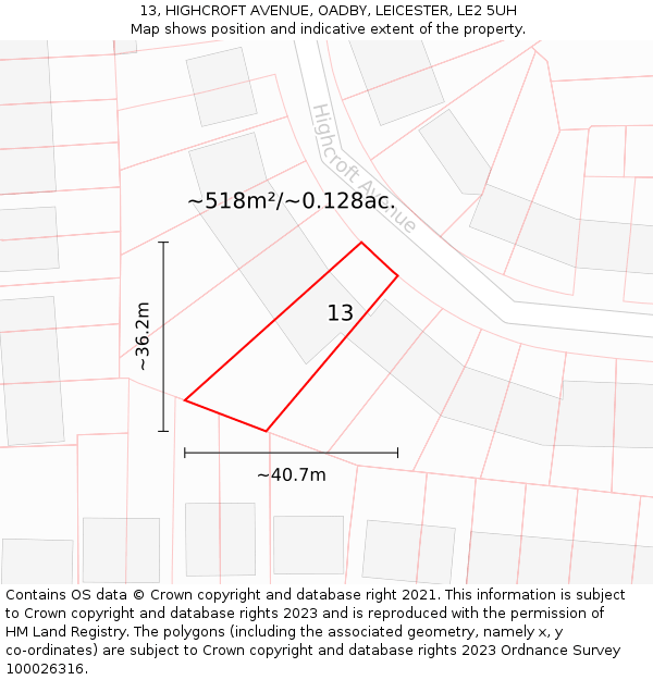 13, HIGHCROFT AVENUE, OADBY, LEICESTER, LE2 5UH: Plot and title map