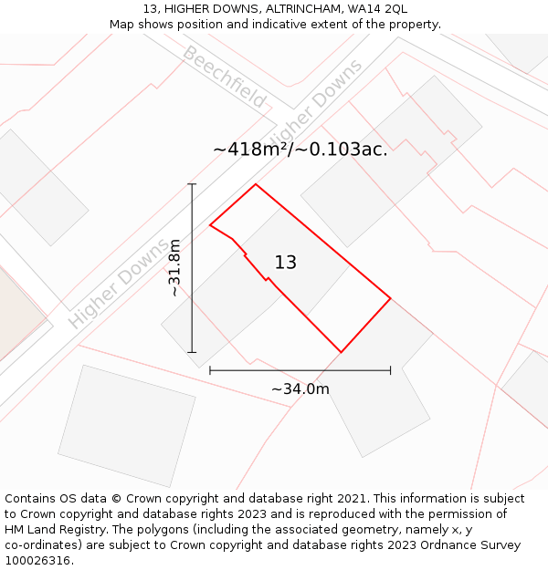 13, HIGHER DOWNS, ALTRINCHAM, WA14 2QL: Plot and title map