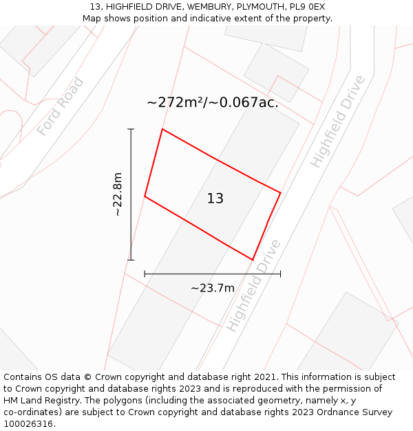 13, HIGHFIELD DRIVE, WEMBURY, PLYMOUTH, PL9 0EX: Plot and title map