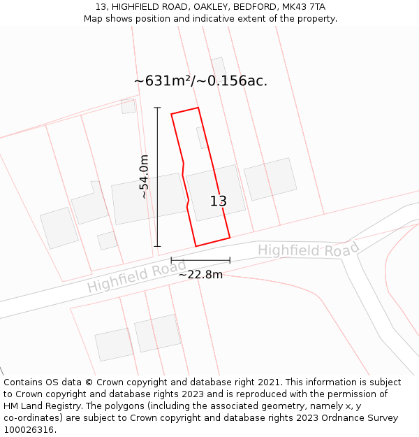 13, HIGHFIELD ROAD, OAKLEY, BEDFORD, MK43 7TA: Plot and title map