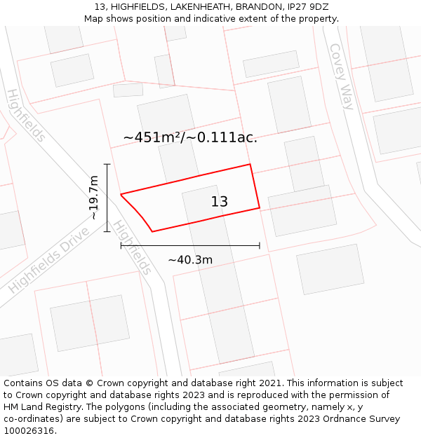 13, HIGHFIELDS, LAKENHEATH, BRANDON, IP27 9DZ: Plot and title map