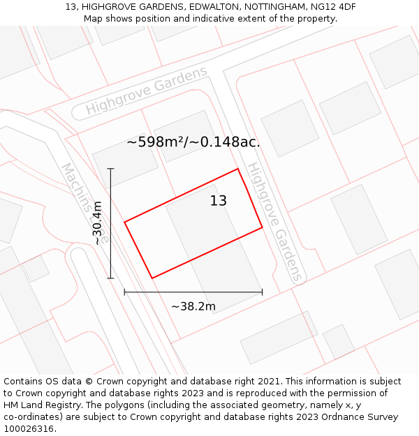 13, HIGHGROVE GARDENS, EDWALTON, NOTTINGHAM, NG12 4DF: Plot and title map