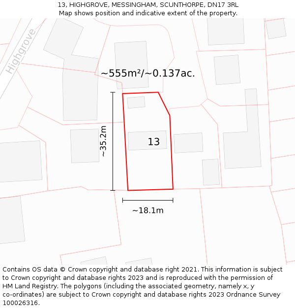 13, HIGHGROVE, MESSINGHAM, SCUNTHORPE, DN17 3RL: Plot and title map