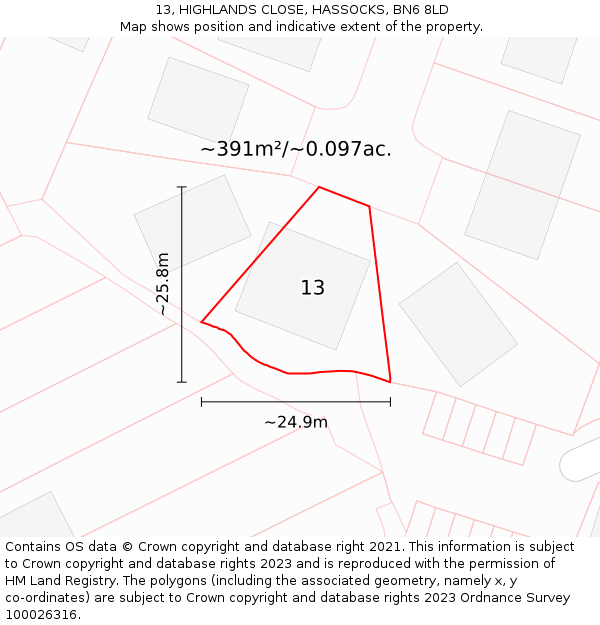 13, HIGHLANDS CLOSE, HASSOCKS, BN6 8LD: Plot and title map