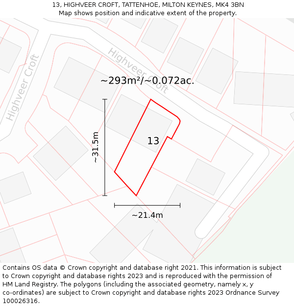 13, HIGHVEER CROFT, TATTENHOE, MILTON KEYNES, MK4 3BN: Plot and title map