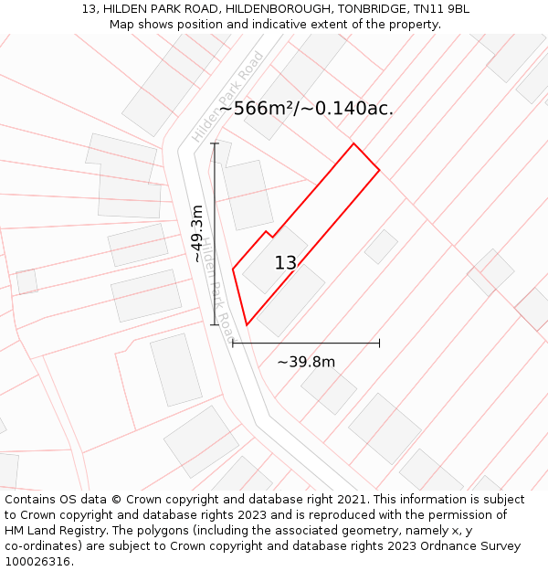 13, HILDEN PARK ROAD, HILDENBOROUGH, TONBRIDGE, TN11 9BL: Plot and title map