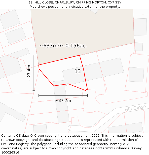 13, HILL CLOSE, CHARLBURY, CHIPPING NORTON, OX7 3SY: Plot and title map