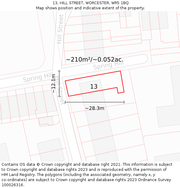 13, HILL STREET, WORCESTER, WR5 1BQ: Plot and title map