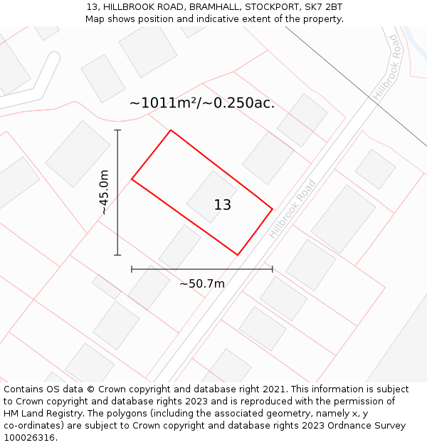 13, HILLBROOK ROAD, BRAMHALL, STOCKPORT, SK7 2BT: Plot and title map