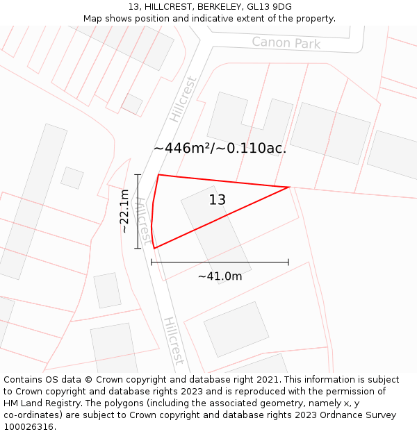 13, HILLCREST, BERKELEY, GL13 9DG: Plot and title map