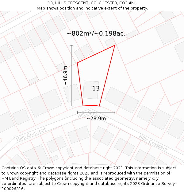 13, HILLS CRESCENT, COLCHESTER, CO3 4NU: Plot and title map