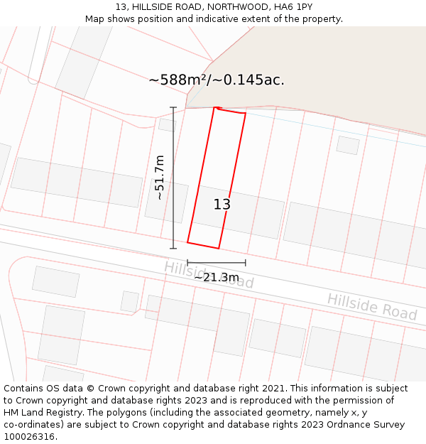 13, HILLSIDE ROAD, NORTHWOOD, HA6 1PY: Plot and title map