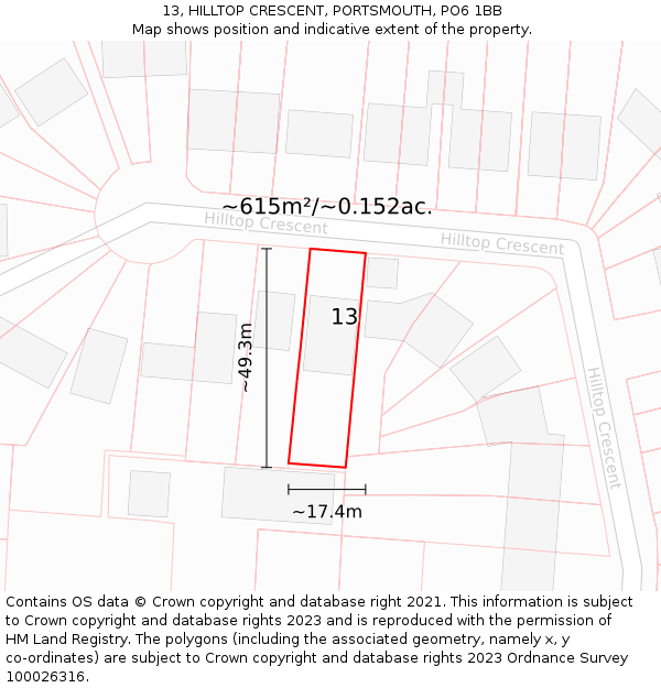 13, HILLTOP CRESCENT, PORTSMOUTH, PO6 1BB: Plot and title map