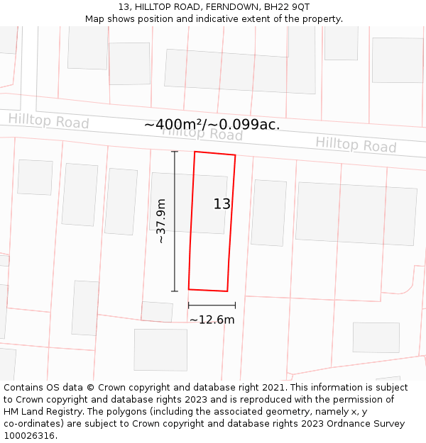 13, HILLTOP ROAD, FERNDOWN, BH22 9QT: Plot and title map