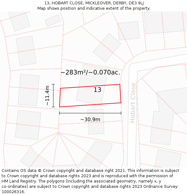 13, HOBART CLOSE, MICKLEOVER, DERBY, DE3 9LJ: Plot and title map