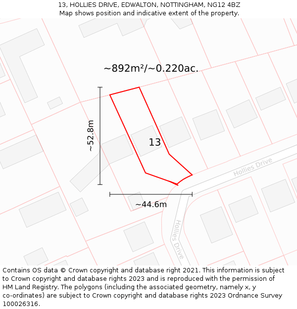 13, HOLLIES DRIVE, EDWALTON, NOTTINGHAM, NG12 4BZ: Plot and title map