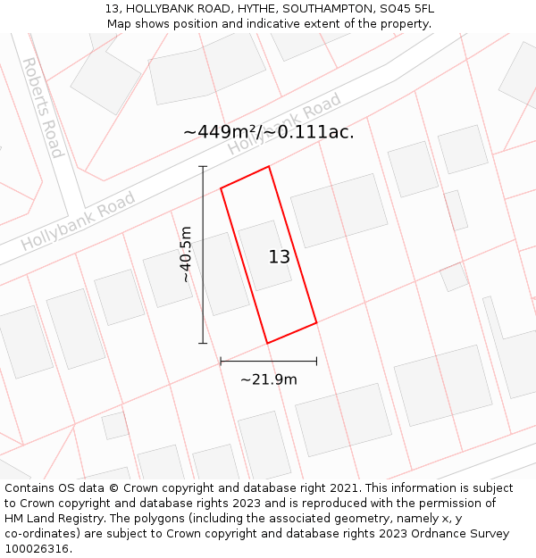 13, HOLLYBANK ROAD, HYTHE, SOUTHAMPTON, SO45 5FL: Plot and title map