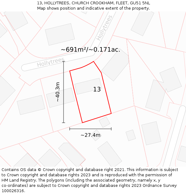 13, HOLLYTREES, CHURCH CROOKHAM, FLEET, GU51 5NL: Plot and title map