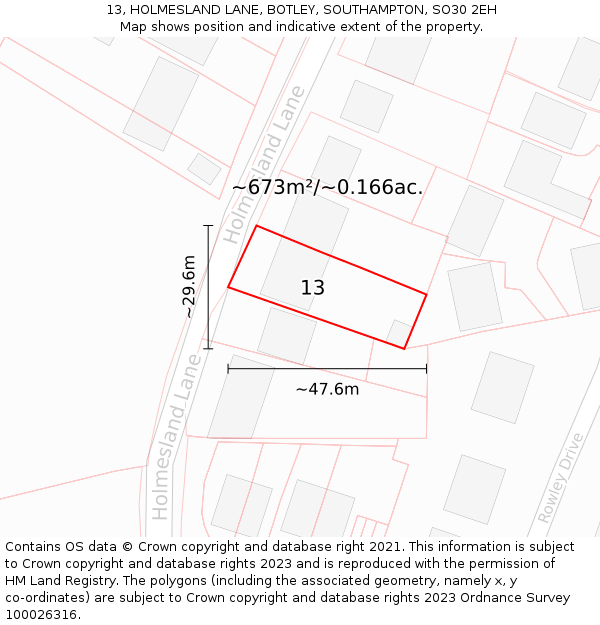 13, HOLMESLAND LANE, BOTLEY, SOUTHAMPTON, SO30 2EH: Plot and title map