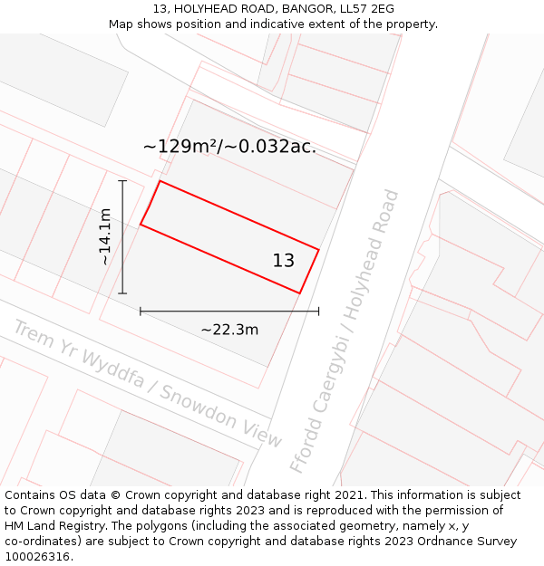 13, HOLYHEAD ROAD, BANGOR, LL57 2EG: Plot and title map