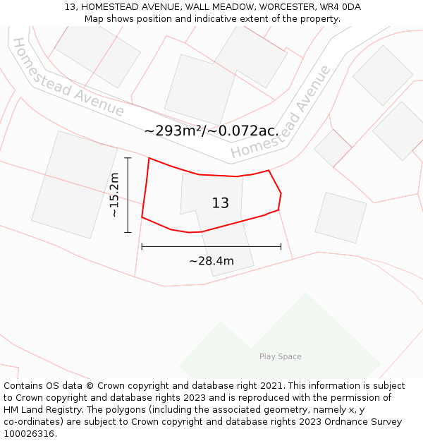 13, HOMESTEAD AVENUE, WALL MEADOW, WORCESTER, WR4 0DA: Plot and title map