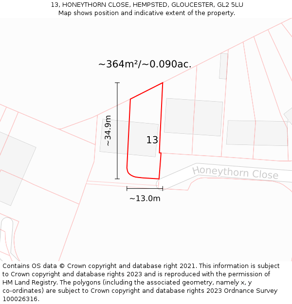 13, HONEYTHORN CLOSE, HEMPSTED, GLOUCESTER, GL2 5LU: Plot and title map