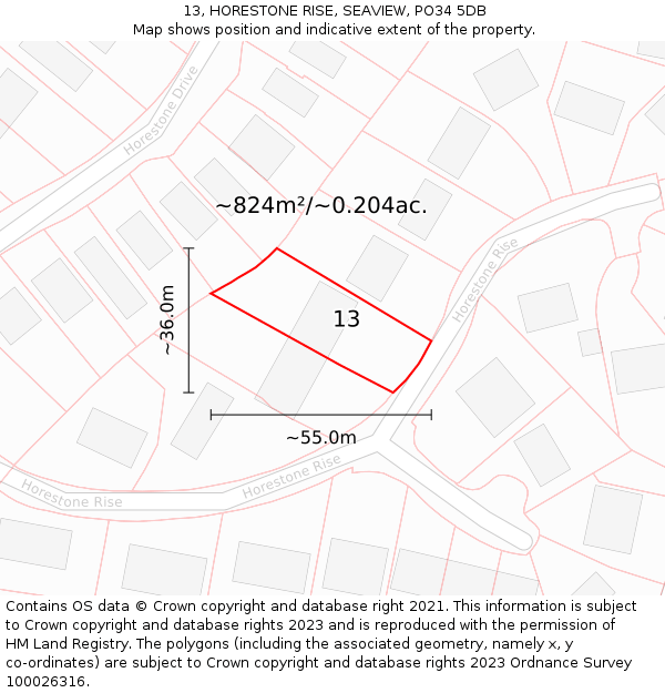 13, HORESTONE RISE, SEAVIEW, PO34 5DB: Plot and title map