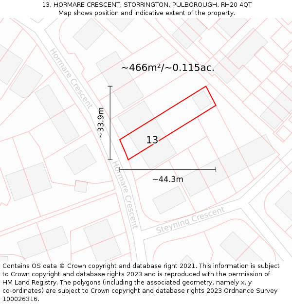 13, HORMARE CRESCENT, STORRINGTON, PULBOROUGH, RH20 4QT: Plot and title map