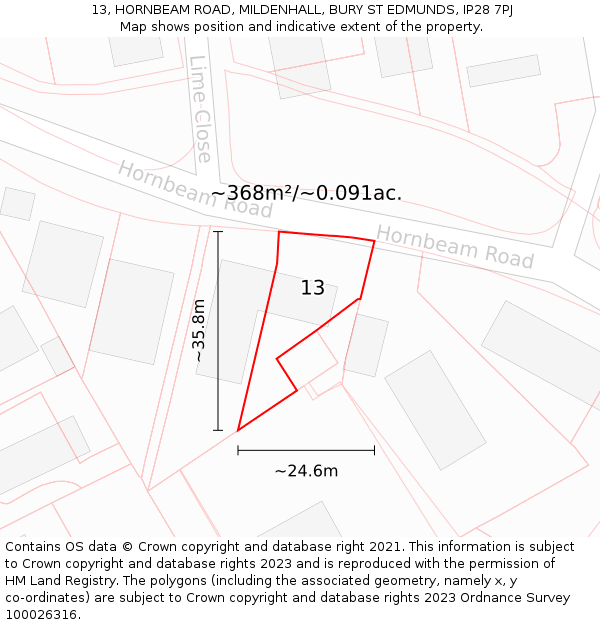 13, HORNBEAM ROAD, MILDENHALL, BURY ST EDMUNDS, IP28 7PJ: Plot and title map