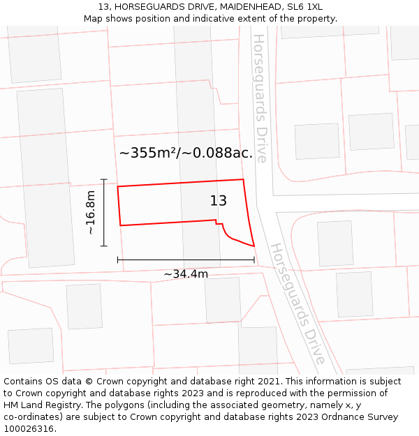 13, HORSEGUARDS DRIVE, MAIDENHEAD, SL6 1XL: Plot and title map