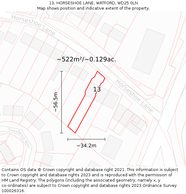 13, HORSESHOE LANE, WATFORD, WD25 0LN: Plot and title map