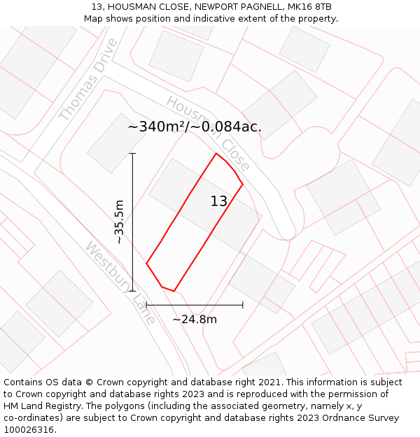 13, HOUSMAN CLOSE, NEWPORT PAGNELL, MK16 8TB: Plot and title map