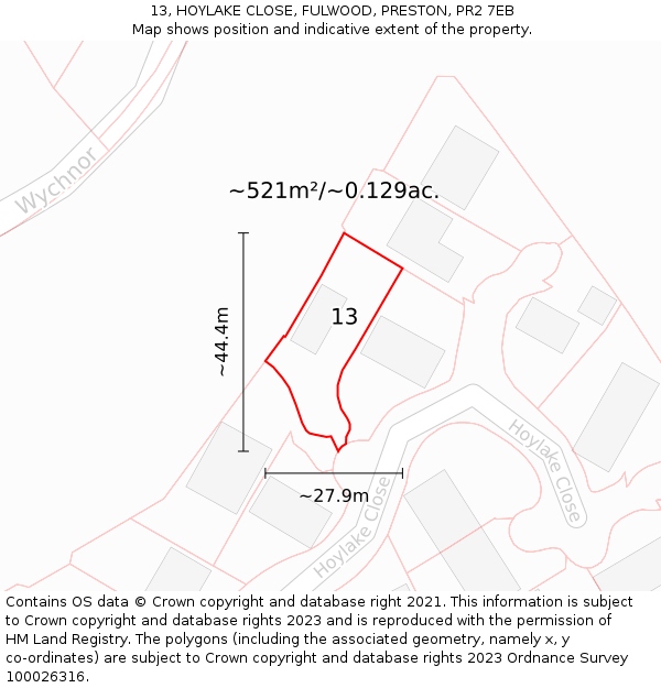 13, HOYLAKE CLOSE, FULWOOD, PRESTON, PR2 7EB: Plot and title map