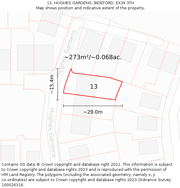 13, HUGHES GARDENS, BIDEFORD, EX39 3TH: Plot and title map