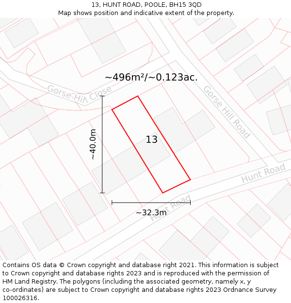 13, HUNT ROAD, POOLE, BH15 3QD: Plot and title map