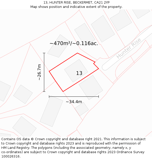 13, HUNTER RISE, BECKERMET, CA21 2YP: Plot and title map