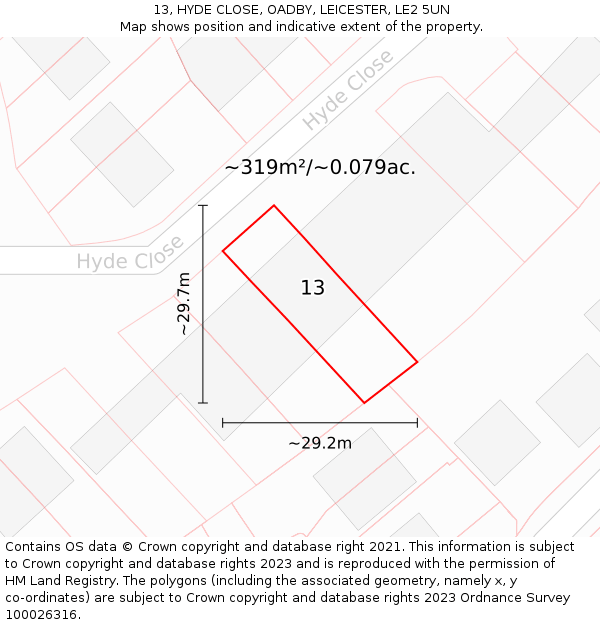 13, HYDE CLOSE, OADBY, LEICESTER, LE2 5UN: Plot and title map