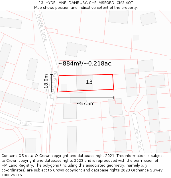 13, HYDE LANE, DANBURY, CHELMSFORD, CM3 4QT: Plot and title map