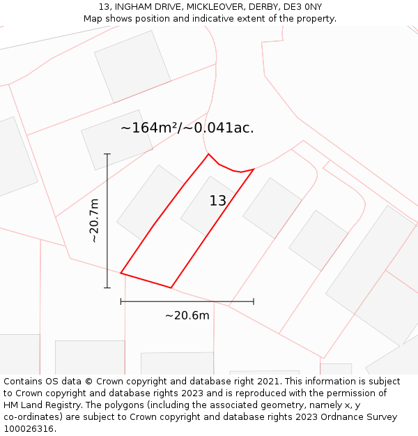 13, INGHAM DRIVE, MICKLEOVER, DERBY, DE3 0NY: Plot and title map