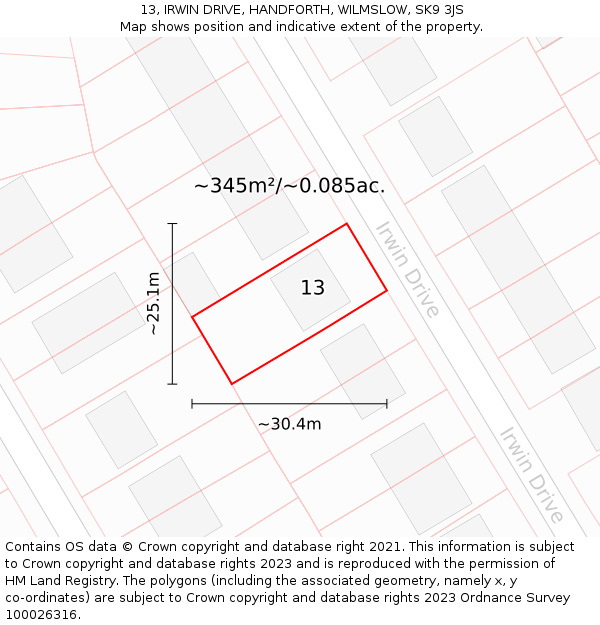 13, IRWIN DRIVE, HANDFORTH, WILMSLOW, SK9 3JS: Plot and title map